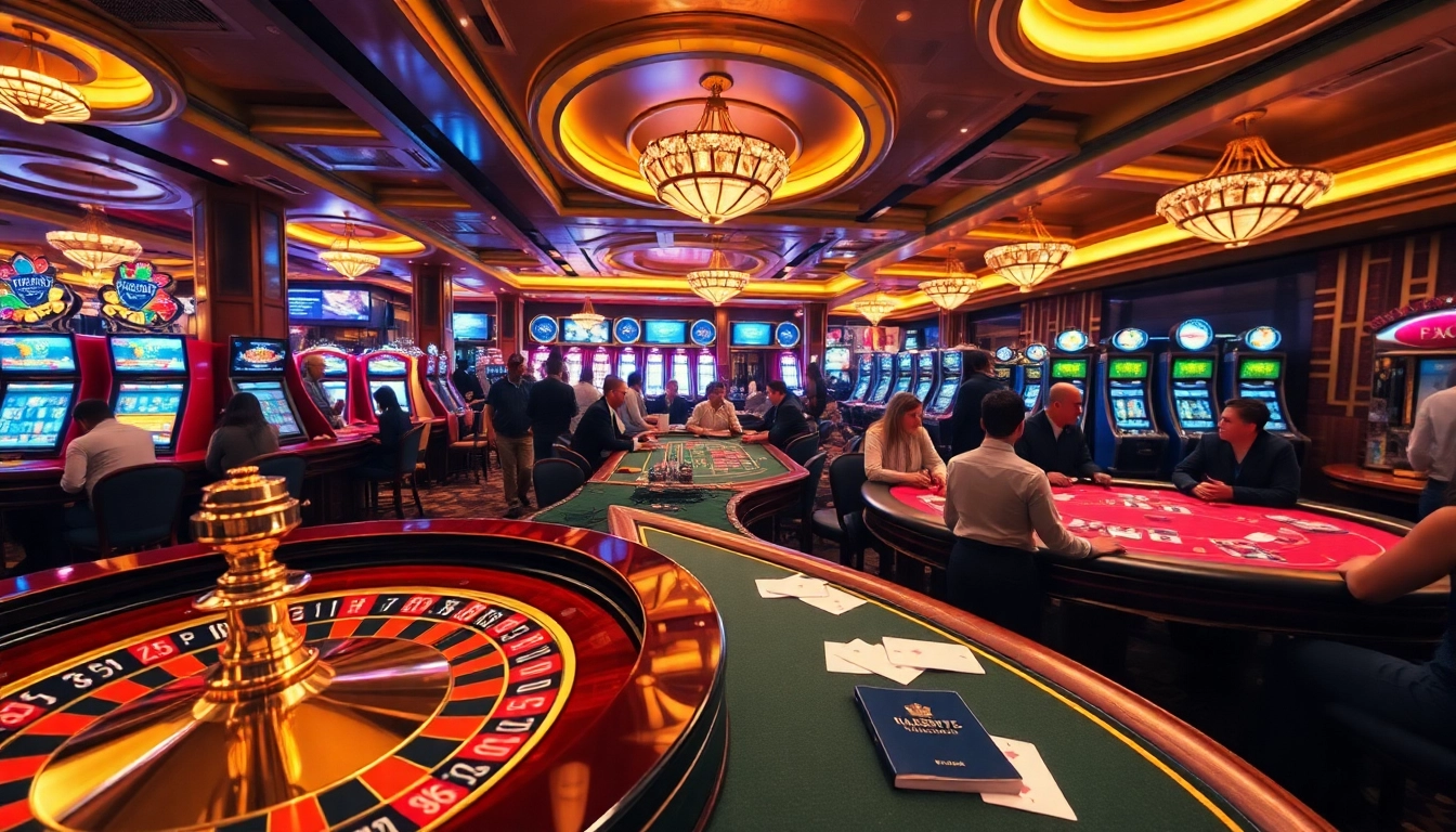 Gambling excitement with roulette and poker tables in a luxurious casino, reflecting the journey for a UK visitor visa from Australia.