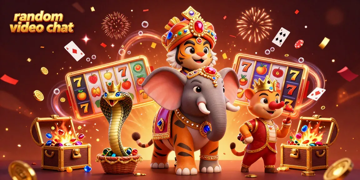Engage in random video chat with vibrant casino elements and a dynamic scene featuring a tiger and elephant.