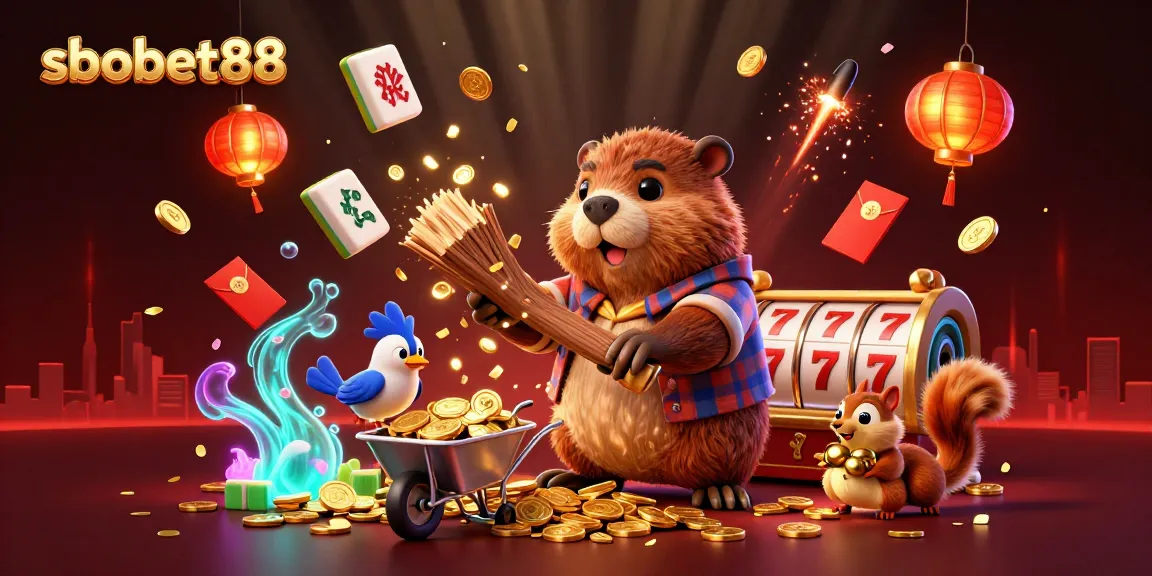 Sbobet88 casino illustration showcasing a beaver chopping a money tree amid vibrant game elements.