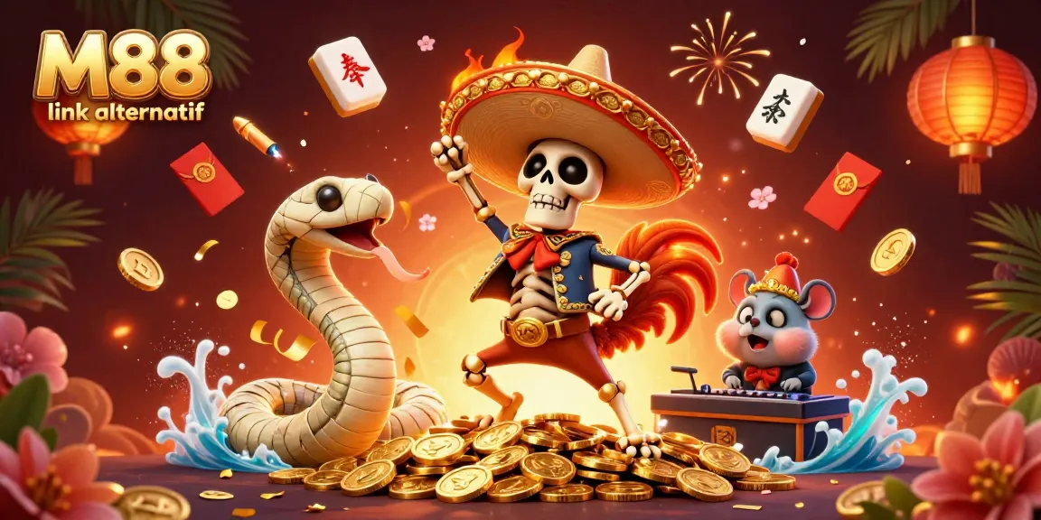 Celebrate winnings with M88 link alternatif in a vibrant casino-themed 3D illustration.