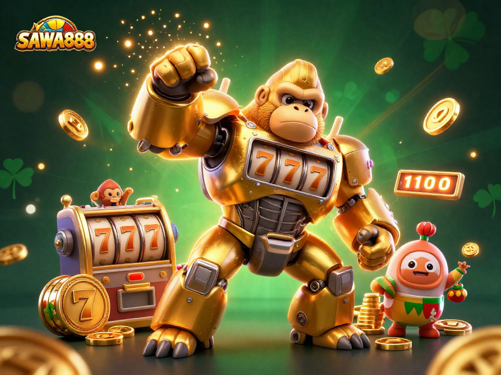 SAWA888 offers players an exciting adventure with golden gorilla mech and slot reels in a dynamic casino illustration.