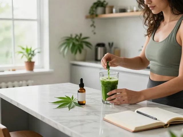 dope vapes: woman preparing CBD oil-infused smoothie in a bright kitchen with hemp plants.