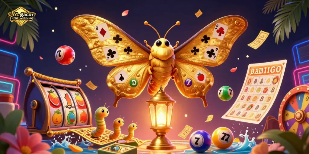 Raih keberuntungan dengan slot gacor malam ini di ilustrasi perjudian eksotis penuh warna.