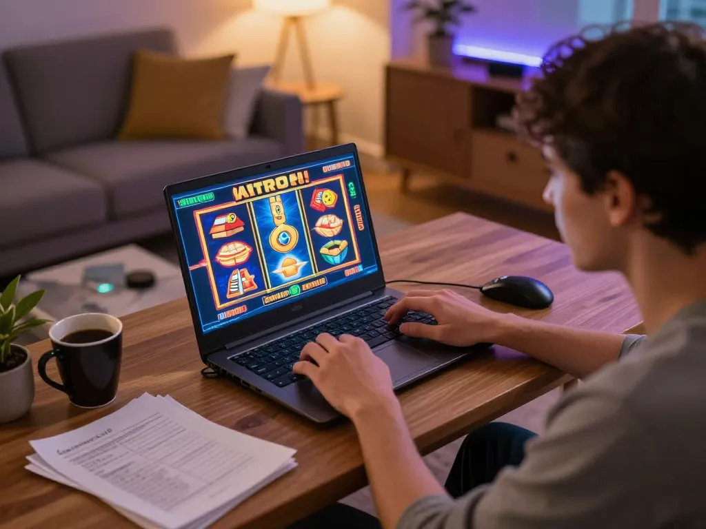 Person enjoying online slots in a cozy living room, exploring slot gacor gampang menang.