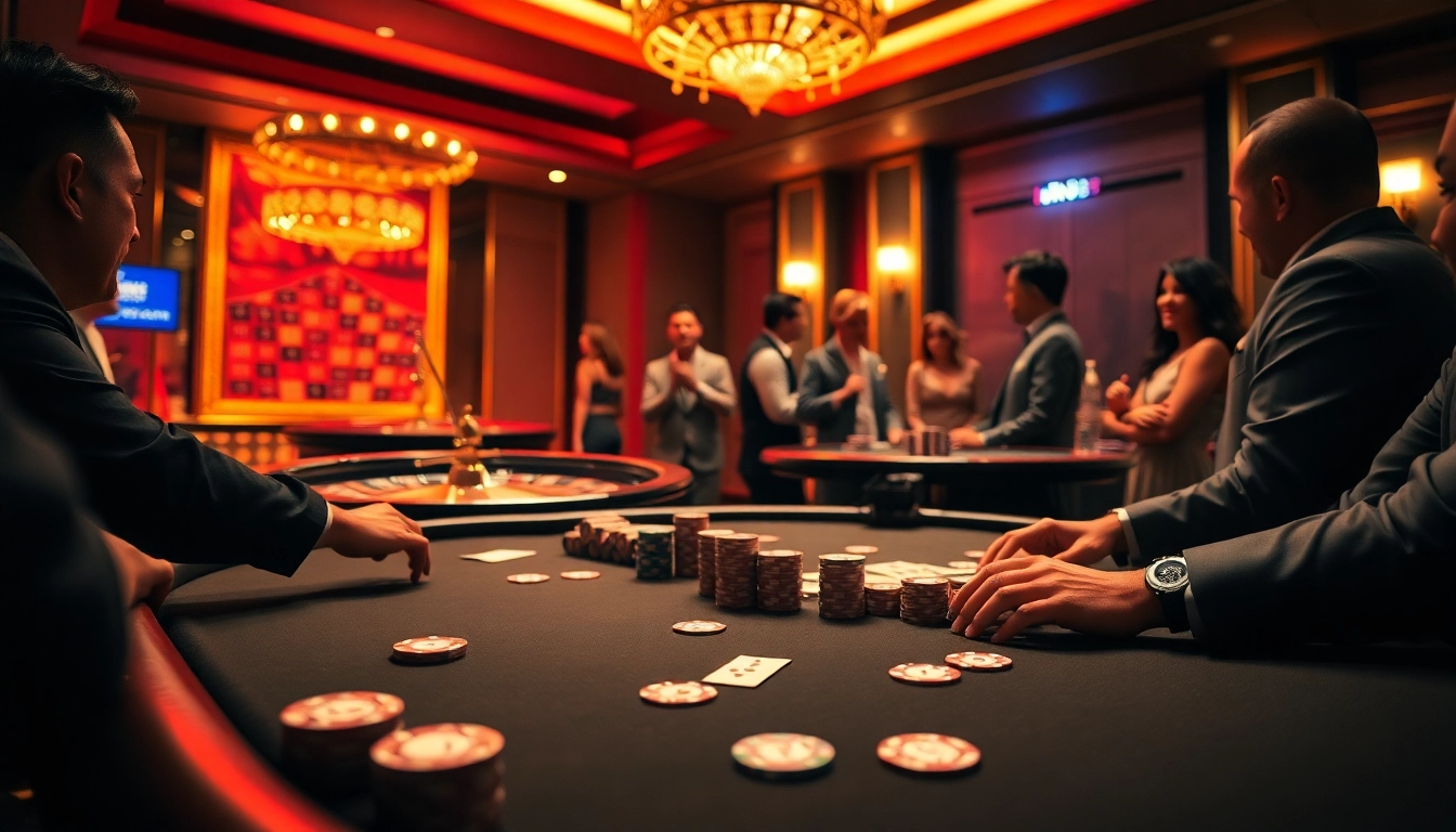 Players enjoying poker at jun88.com casino, surrounded by vibrant gaming atmosphere.