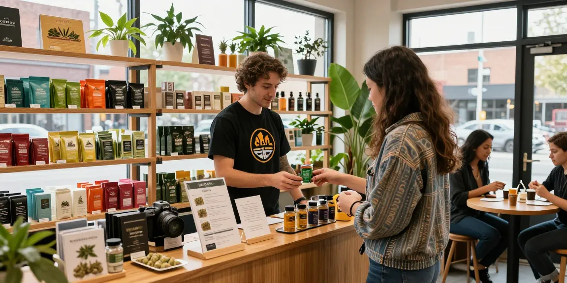 Buy weed online UK: A vibrant cannabis shop scene with customer engagement.