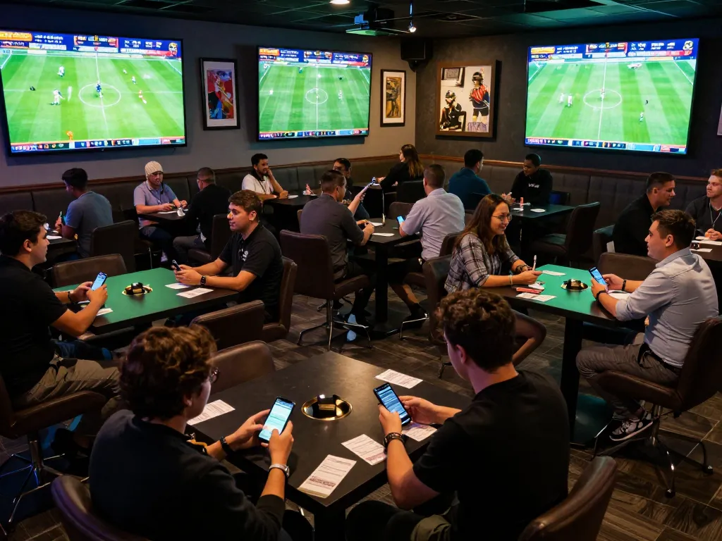 Engaging sports betting lounge showcasing tỷ lệ kèo nhà cái hôm nay with fans placing bets on heated matches.
