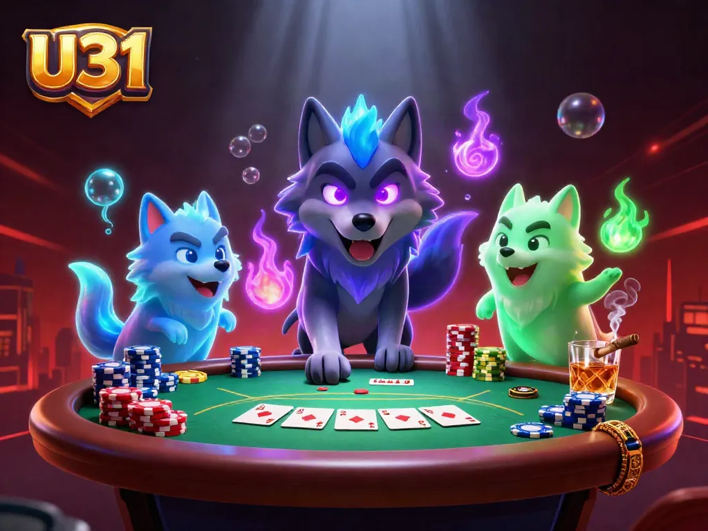 Join U31 in thrilling poker action with vibrant 3D wolves amidst colorful casino elements.
