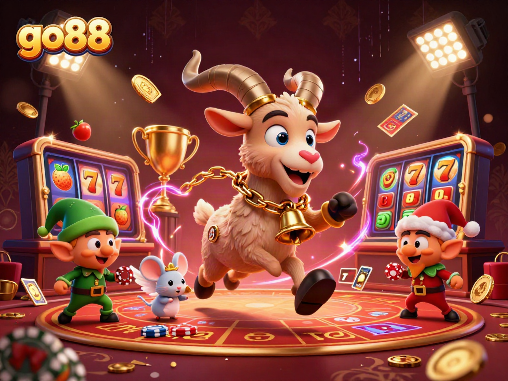Engage in go88 casino excitement with Krampus goat and mischievous gremlins amid vibrant gambling elements.