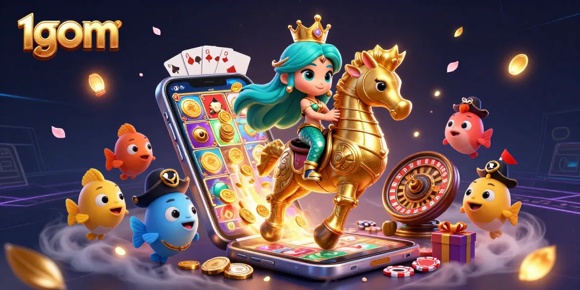 Experience thrilling action with 1gom, featuring colorful slots and vibrant characters in a dynamic casino scene.