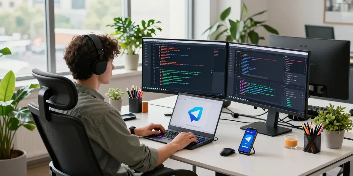 Developer's workspace showcasing telegram官网 in a modern tech office.