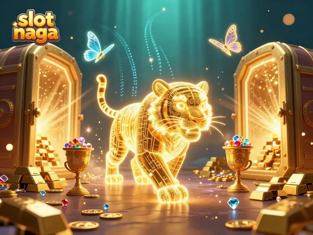 Experience thrilling slot naga gameplay with a neon tiger amidst a luxurious digital casino scene.