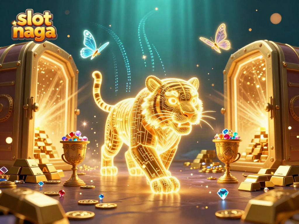 Experience thrilling slot naga gameplay with a neon tiger amidst a luxurious digital casino scene.
