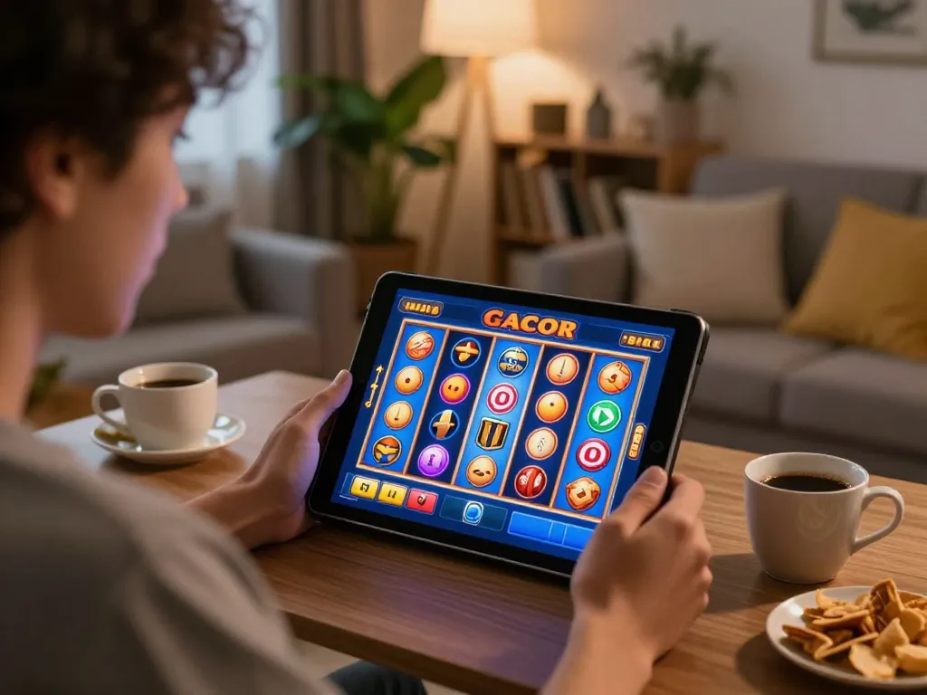 Engaging in online slot gacor gampang menang session at home, showcasing excitement and strategy.