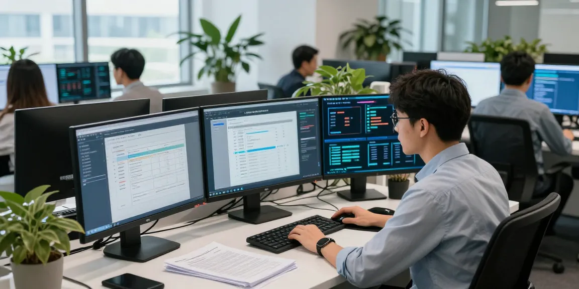 Detect fraud invoice in a busy tech office, cybersecurity analyst reviewing documents with AI algorithms.