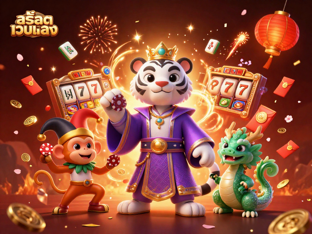 Engage with สล็อตเว็บตรง in a vibrant 3D casino scene featuring a royal tiger, a playful monkey, and lucky game elements.