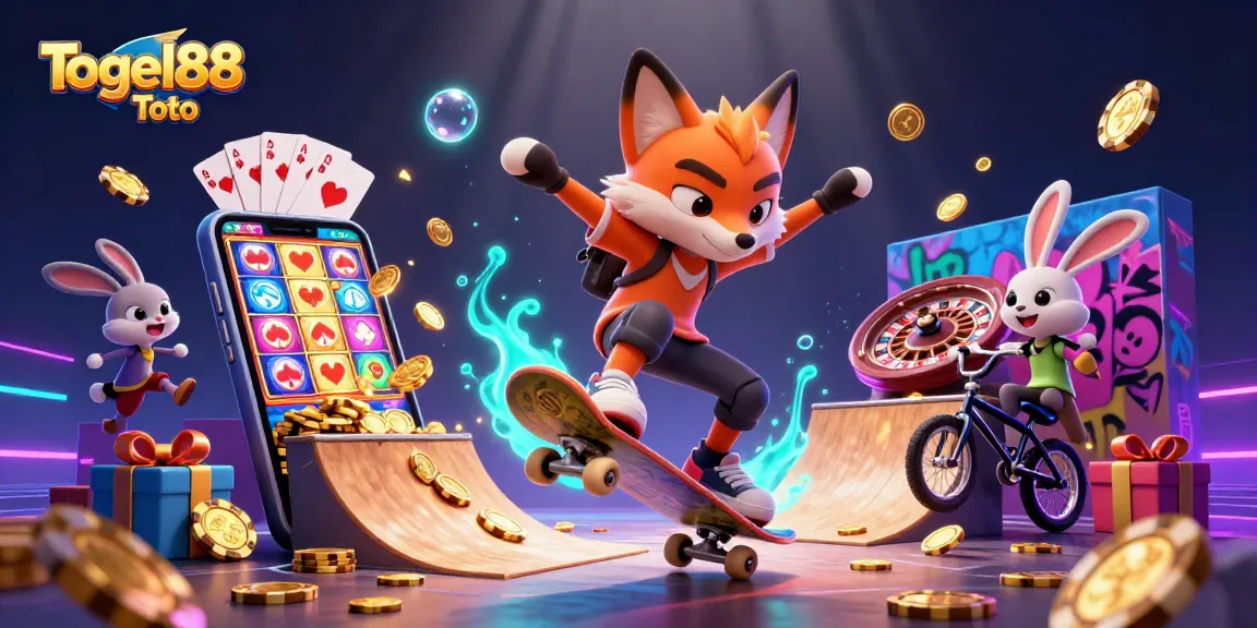 Experience Togel88 Toto with vibrant 3D casino scene featuring cartoon characters and action-packed elements.