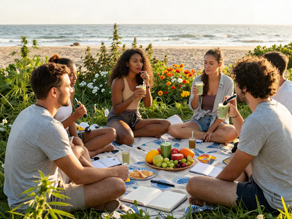 Muha med wellness vape session at a beach picnic with friends enjoying organic CBD oil and smoothies.