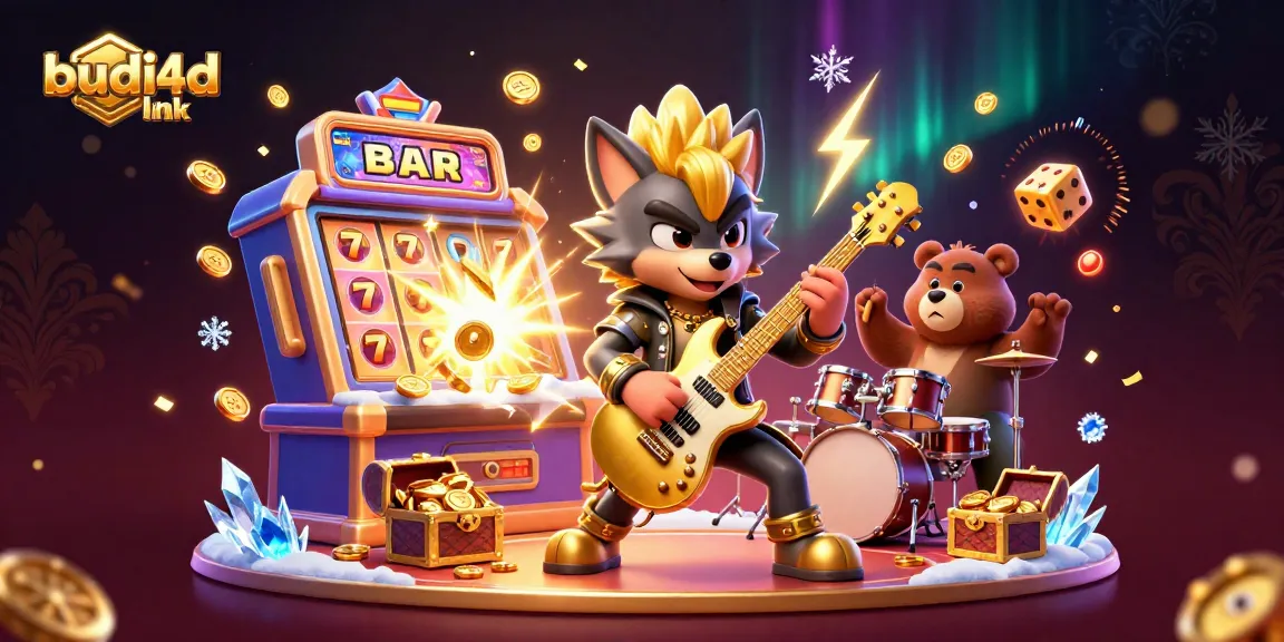 Experience big wins with budi4d link, featuring a rock star wolf and drummer bear in a vibrant casino scene.