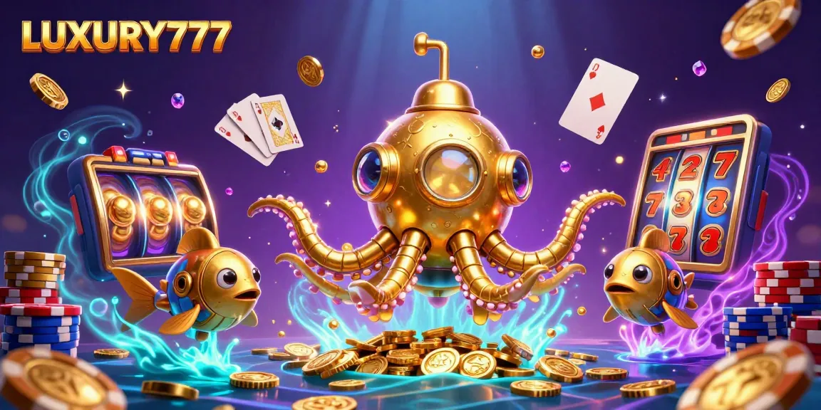 Mainkan LUXURY777 dengan slot reel bercahaya di lautan koin emas yang berkilau.