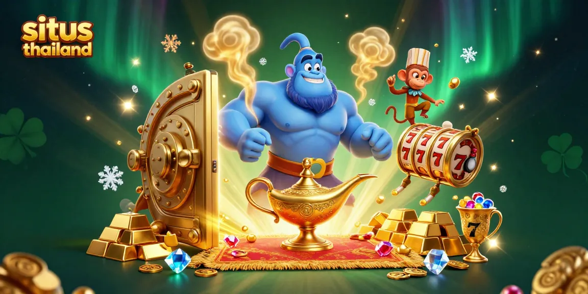 Experience the thrill of slots with situs thailand, featuring a dynamic illustration of a genie, monkey, and slot elements bursting with energy.