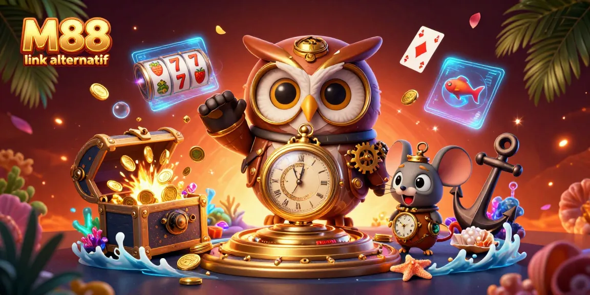 M88 link alternatif showcases vibrant casino action with steampunk owl and treasure-fueled excitement.