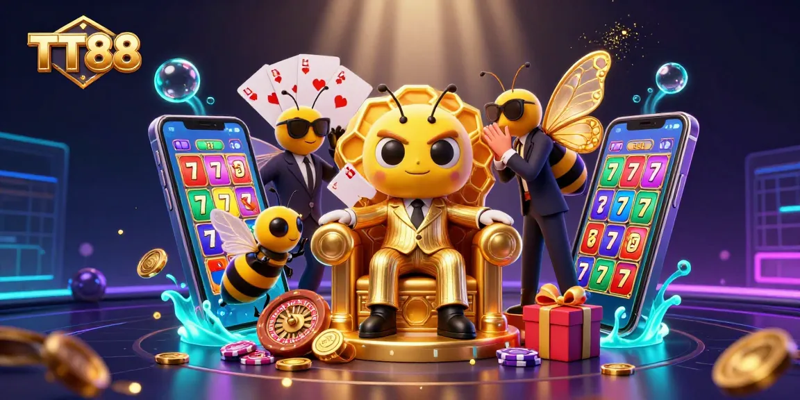 Engage with the vibrant world of TT88 casino games with golden coins, slot reels, and a mob boss theme.