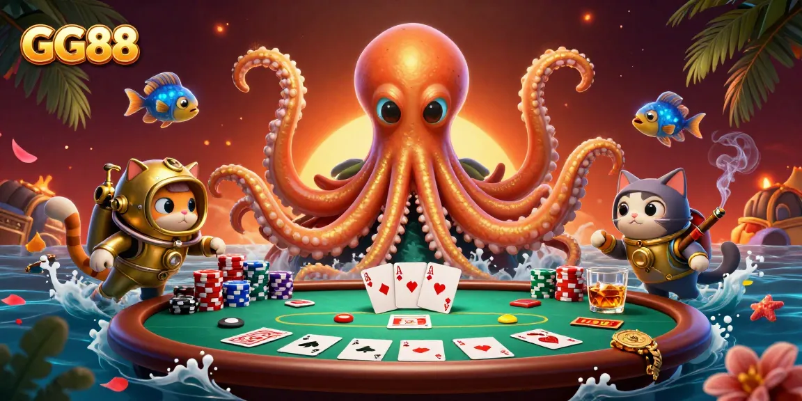 Experience the excitement of GG88 with a cartoon kraken, diving cat, and poker action in a vibrant casino setting.