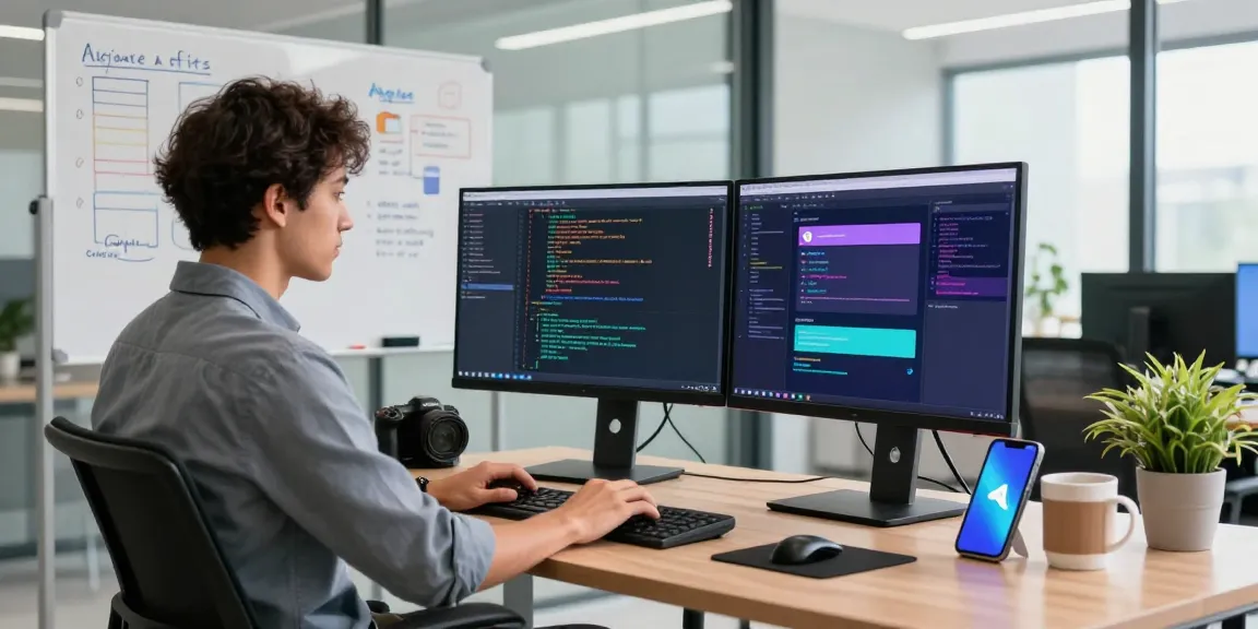 Explore telegram官网 features in a vibrant tech workspace with screens and coding elements.