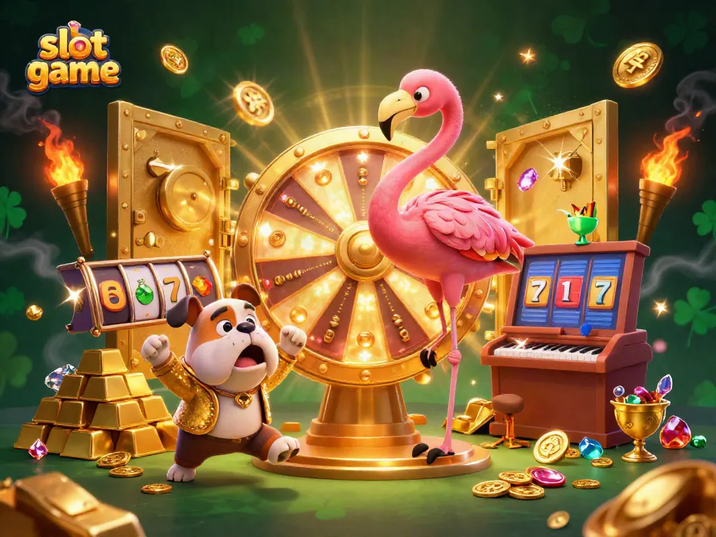 Engage in thrilling slot game action with vibrant characters and dazzling prizes in a dynamic casino scene.