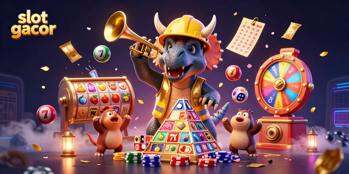 Engage with slot gacor through a vibrant 3D casino scene featuring dynamic characters and classic gambling elements.