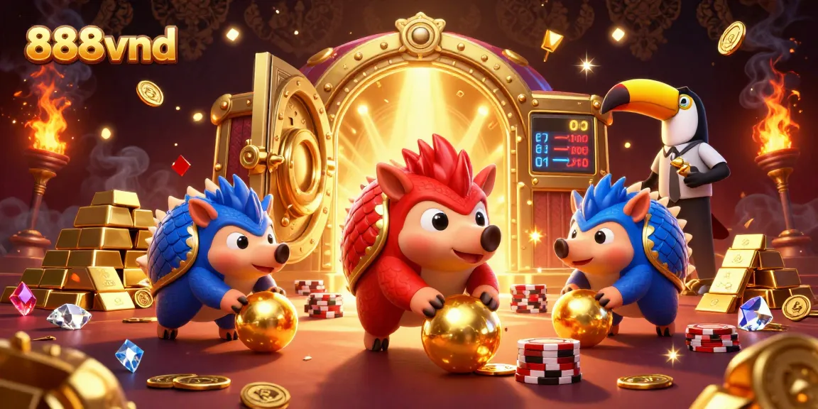 Experience the excitement of gambling at 888vnd with lively pangolins enjoying a treasure-filled casino game.