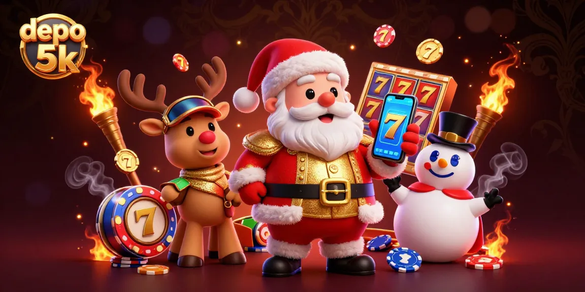Spin and win with depo 5k slots featuring a festive casino scene with characters and sparkling elements.