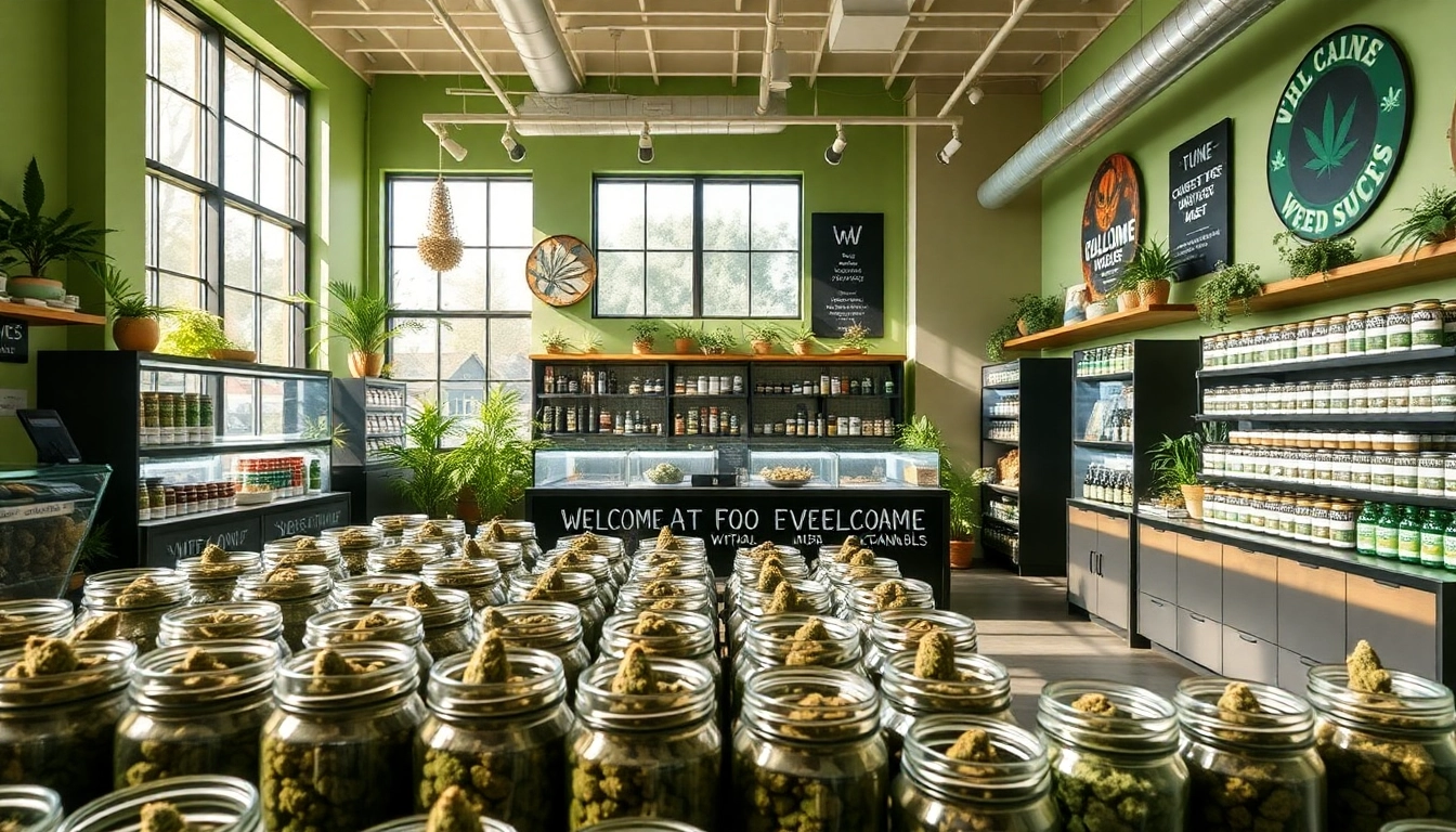Shop at a weed store featuring organized cannabis product displays and a welcoming atmosphere.