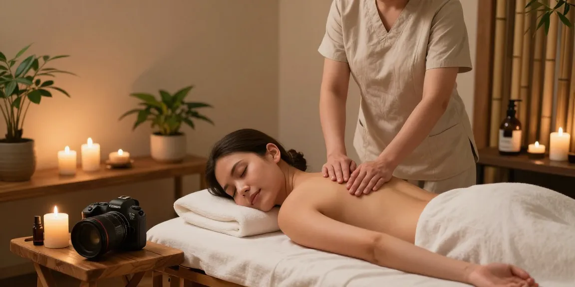 Relaxing 스웨디시 massage scene in a tranquil spa with candles and natural elements