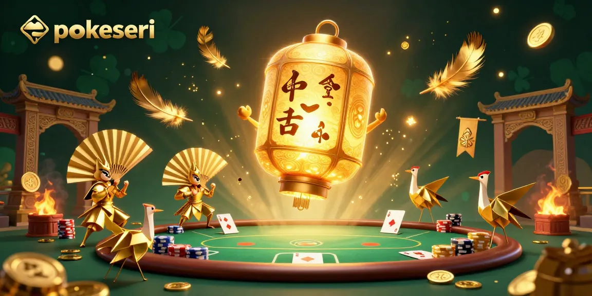 Engage with pokerseri's vibrant poker scene featuring a golden lantern spirit above a dynamic poker table.
