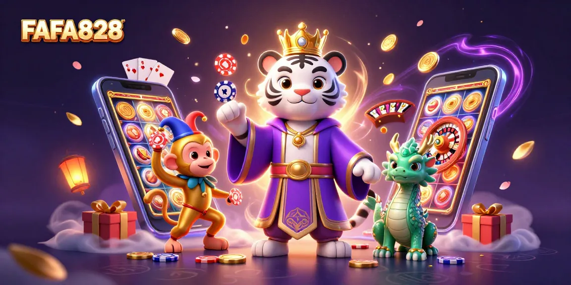 Experience the excitement of FAFA828 with slot games, poker chips, and magical characters in a vibrant casino scene.