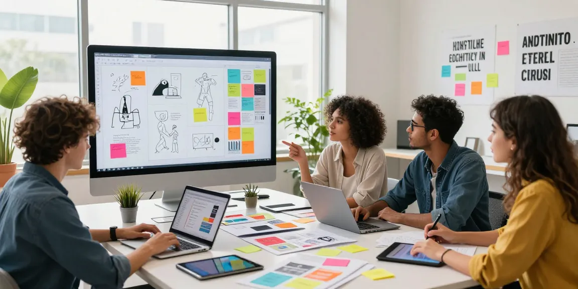 Diverse team collaborating using mixboard ai on digital screens in a vibrant workspace.