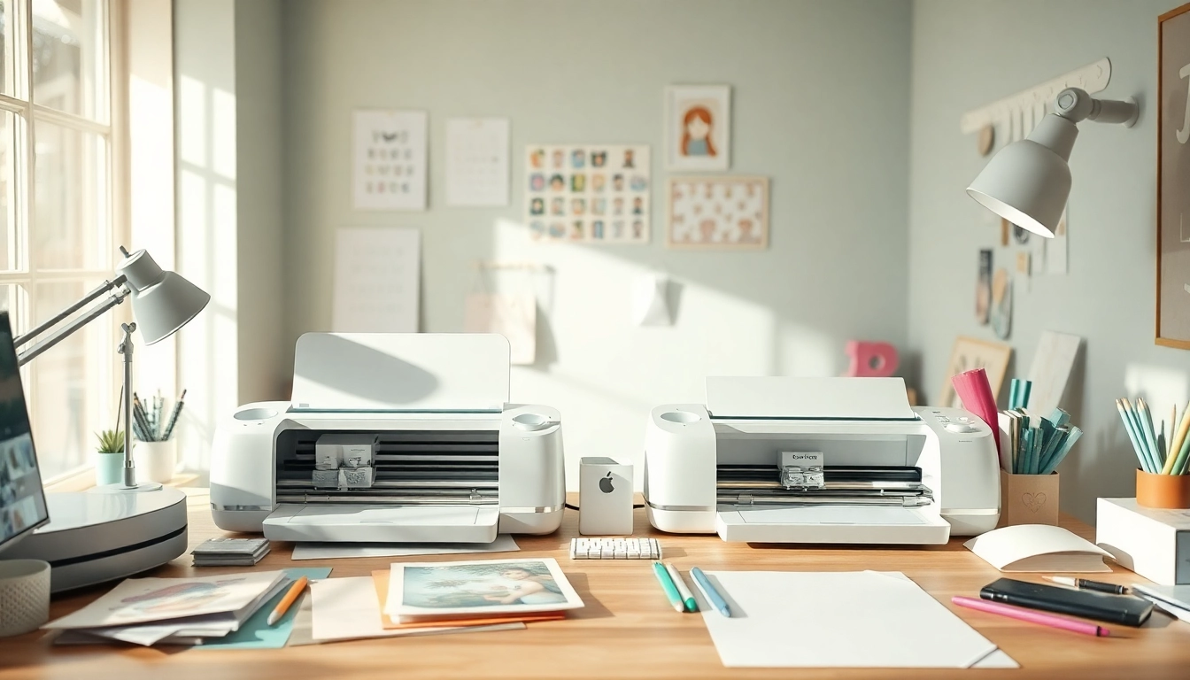 Comparative scene illustrating silhouette vs cricut cutting machines in a creative workspace