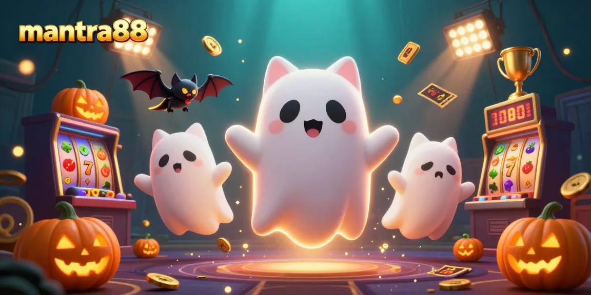 Experience the thrills of mantra88 with a lively ghost cat and gambling elements in a haunted casino setting.