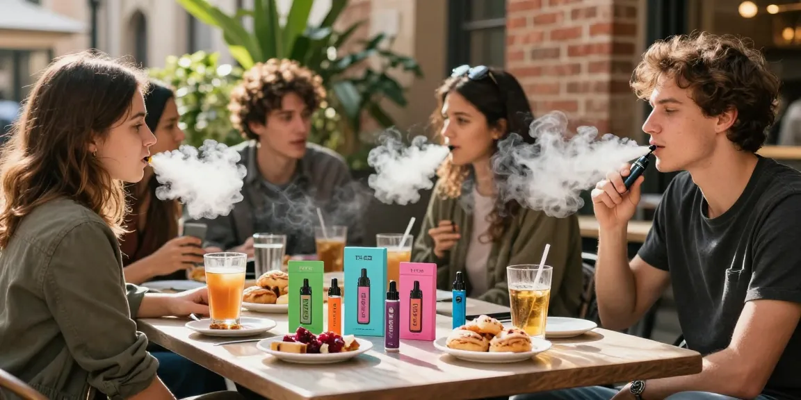 Entspannter Vaper mit THC Vape Pen in modernem Café, umgeben von Freunden und THC-Produkten.