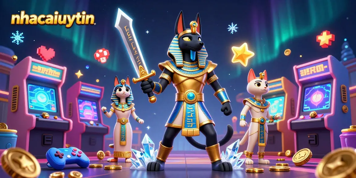 Experience thrilling excitement at nhacaiuytin with Anubis and Bastet surrounded by dynamic casino game elements.