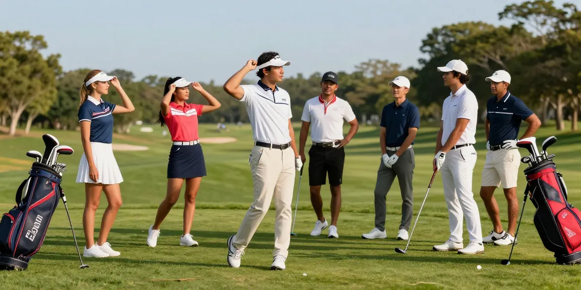 Golfers in stylish 골프웨어 레플리카 at a sunny driving range, showcasing modern golf fashion trends.