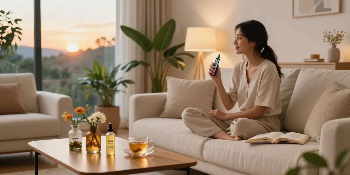 Relaxing evening with Muha CBD vape pen amidst a calm wellness setting, promoting natural health.