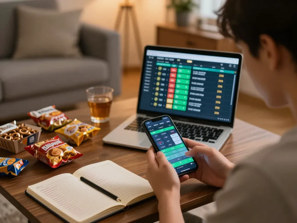 Engaging in sports betting at home using 92slot trang chủ on smartphone, surrounded by strategy notes and snacks