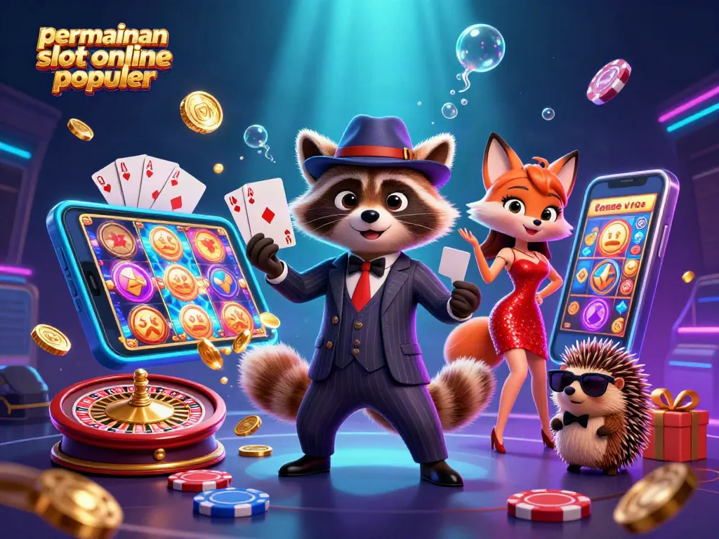 Permainan slot online populer ditampilkan dalam ilustrasi 3D menarik dengan karakter kartun di lingkungan kasino.