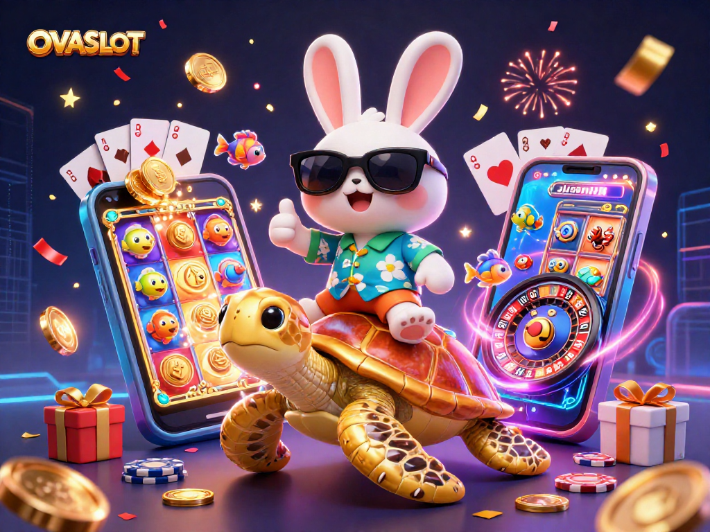 Explore OVASLOT's fun features with a lucky rabbit and golden turtle celebrating wins in a vibrant casino scene.