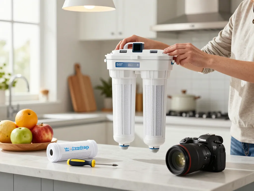 Replacing Waterdrop Replacement for Frigidaire® & Electrolux® WF2CB® filter in a modern kitchen.