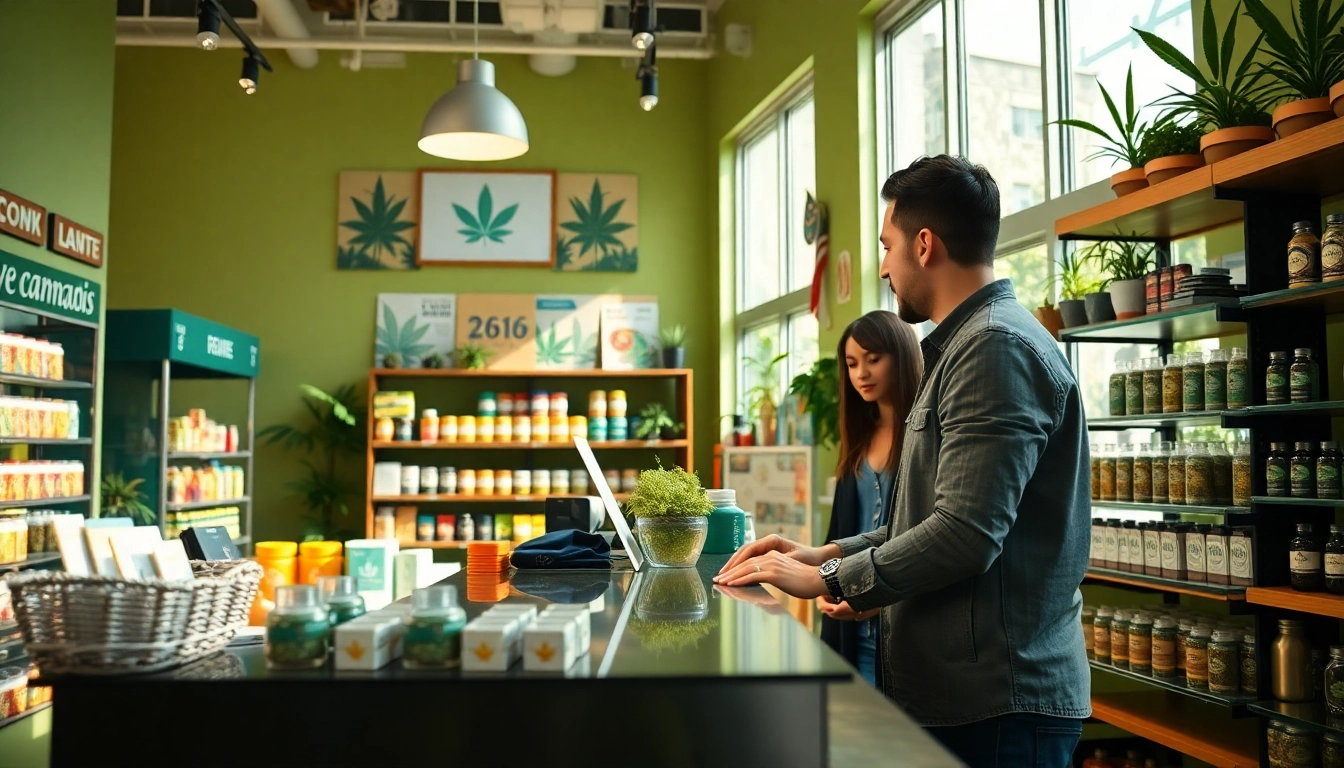 Best way to buy weed online; engaging cannabis shop scene with a helpful budtender.