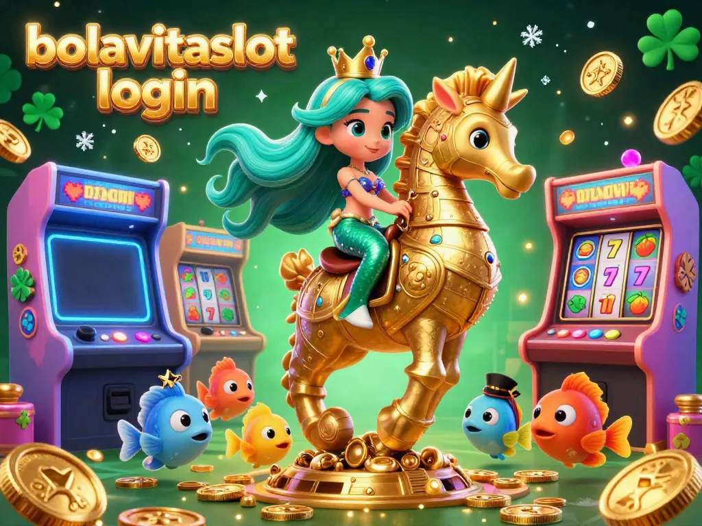 Experience the thrill of online gaming with bolavitaslot login, featuring a mermaid princess on a giant seahorse amidst vibrant arcade elements.